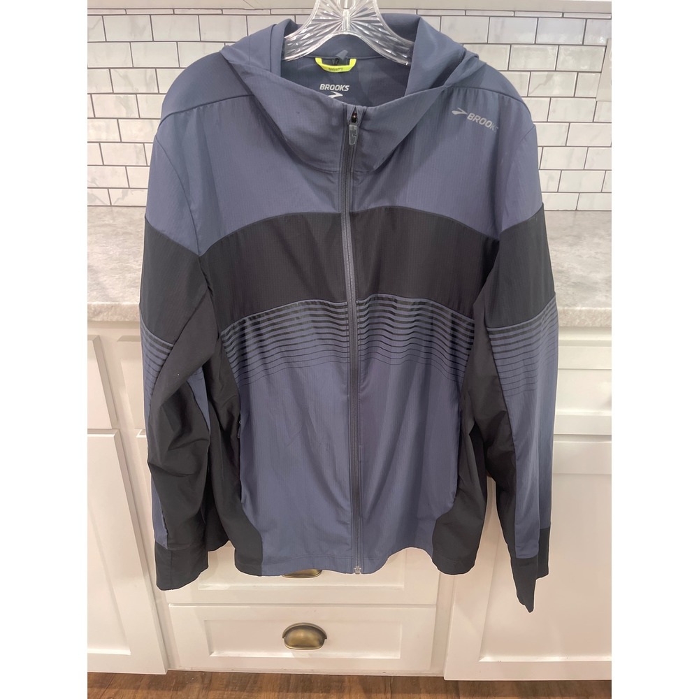 Brooks Running Jacket Womens L Blue Black Full Zip Hooded Reflective Performance